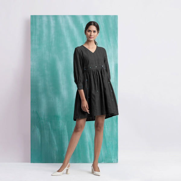 Black Handspun Cotton V-Neck Gathered Short Dress