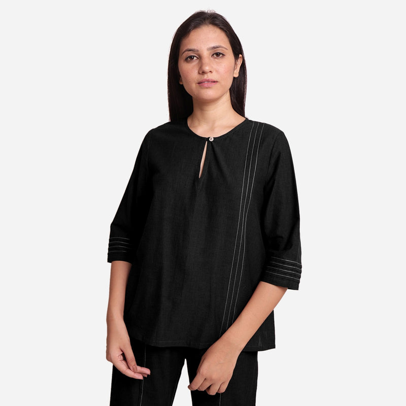Black Handspun Yarn-Dyed Cotton Split Neck Top