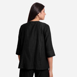 Black Handspun Yarn-Dyed Cotton Split Neck Top