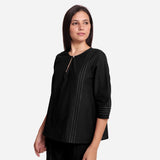 Black Handspun Yarn-Dyed Cotton Split Neck Top