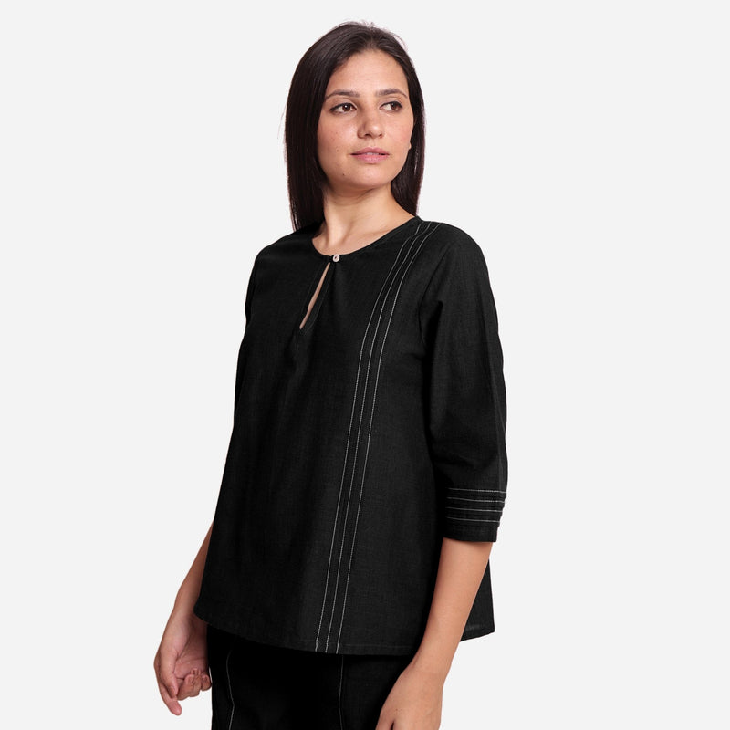 Black Handspun Yarn-Dyed Cotton Split Neck Top