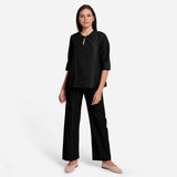 Black Handspun Yarn-Dyed Cotton Split Neck Top