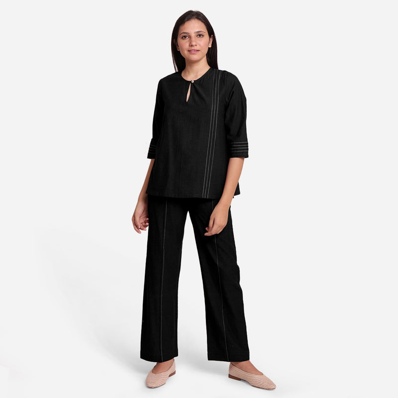 Black Handspun Yarn-Dyed Cotton Split Neck Top