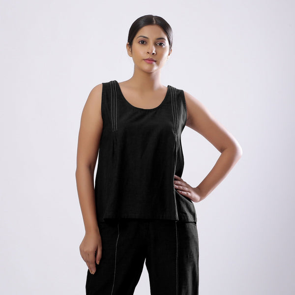 Black Handspun Yarn-Dyed Cotton V-Neck Top