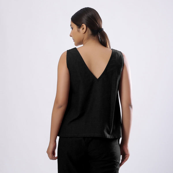 Black Handspun Yarn-Dyed Cotton V-Neck Top