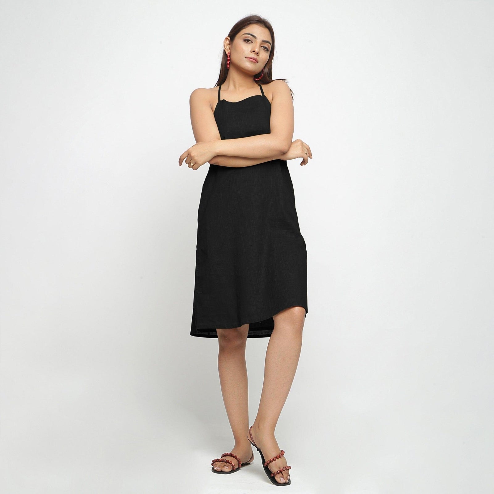 Black Knee Length 100% Cotton Criss-Cross Dress 60