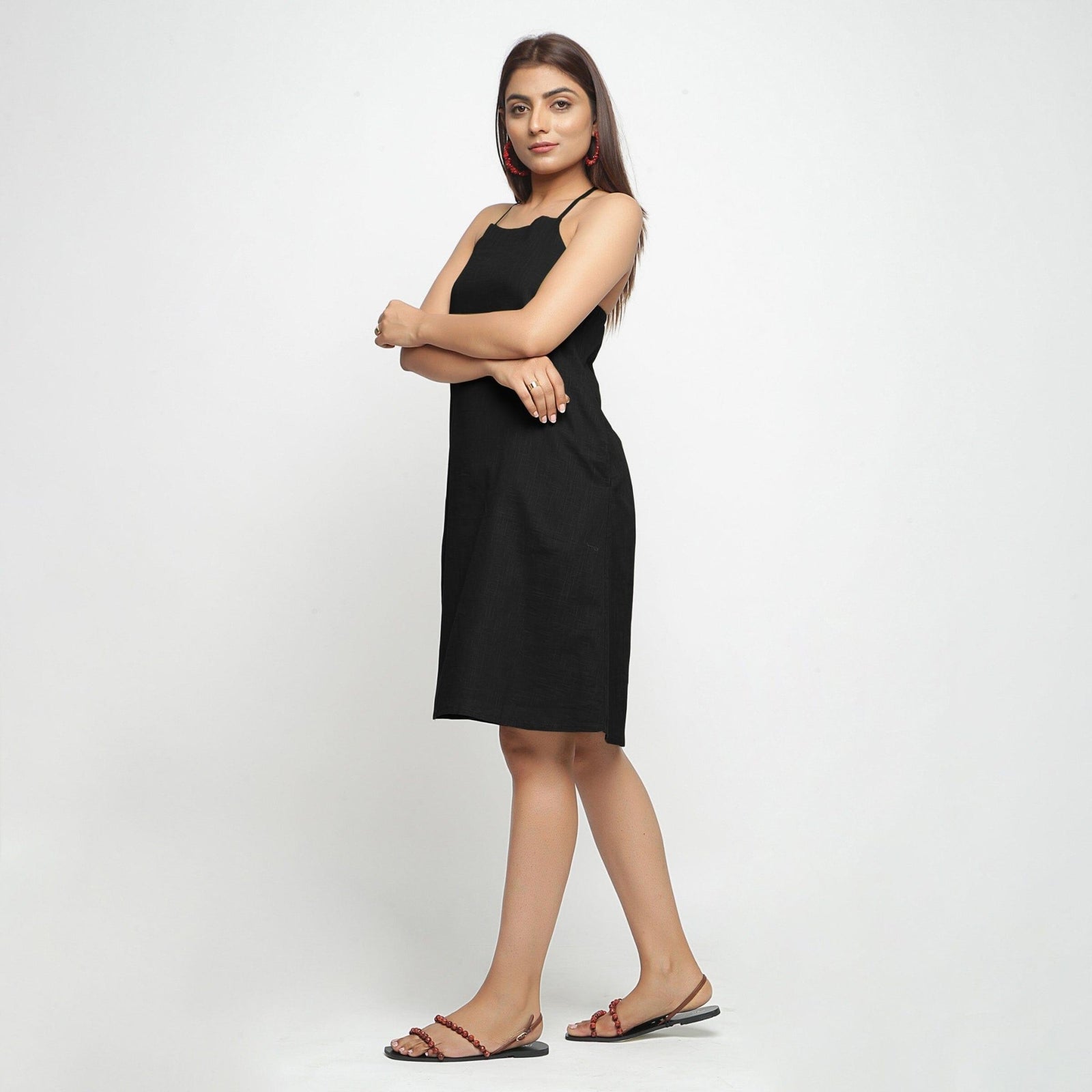Black Knee Length 100% Cotton Criss-Cross Dress 60