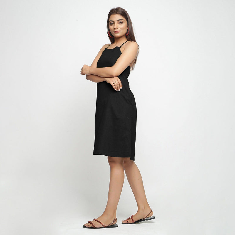 Black Knee Length 100% Cotton Criss-Cross Dress