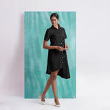Black Mirror Work Cotton Knee Length Asymmetrical Dress