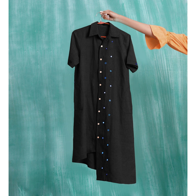 Black Mirror Work Cotton Knee Length Asymmetrical Dress