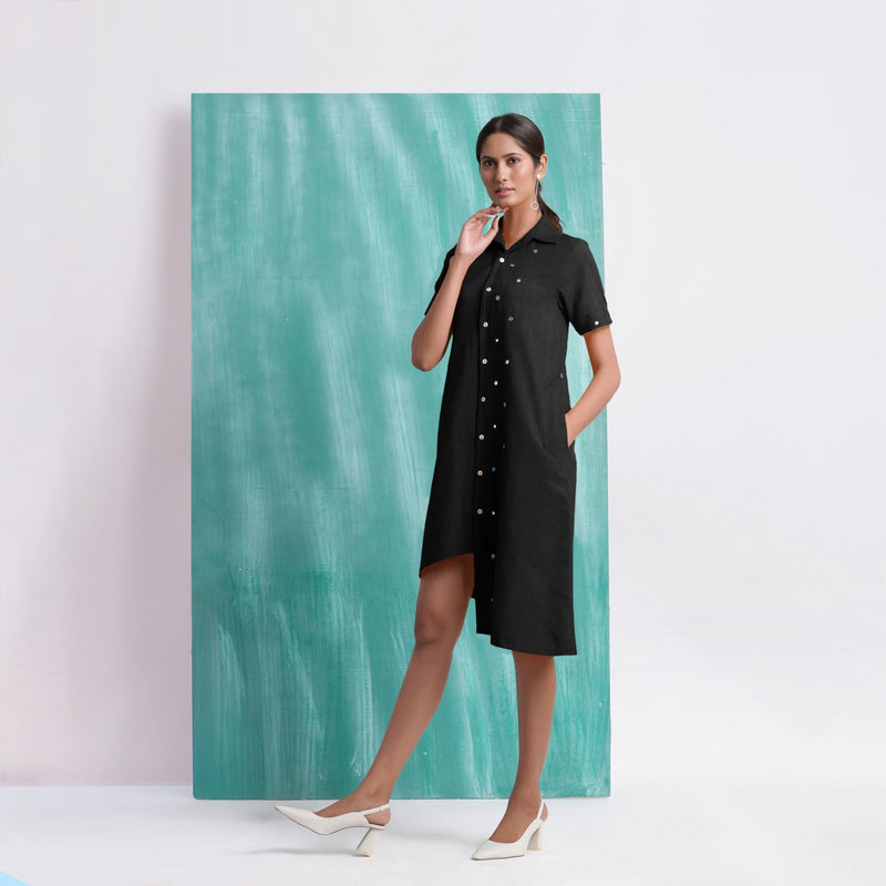 Black Mirror Work Cotton Knee Length Asymmetrical Dress