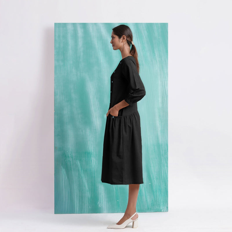 Black Mirror Work Embroidered Cotton Paneled Midi Dress