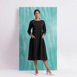 Black Mirror Work Embroidered Cotton Paneled Midi Dress