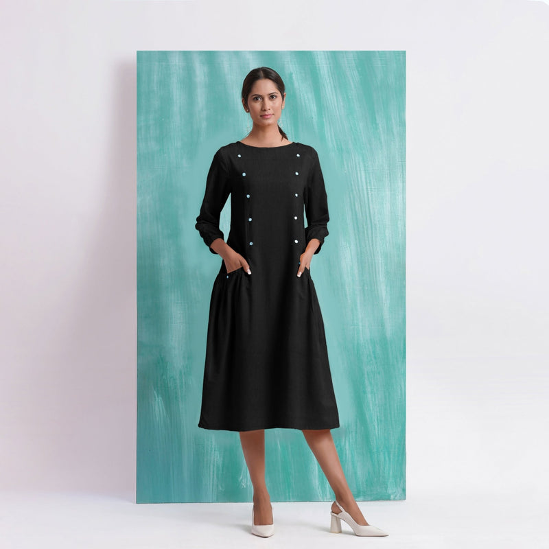 Black Mirror Work Embroidered Cotton Paneled Midi Dress