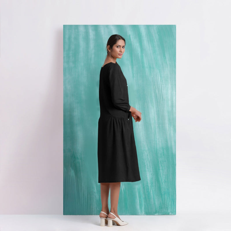 Black Mirror Work Embroidered Cotton Paneled Midi Dress