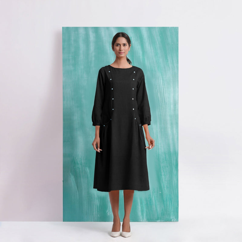 Black Mirror Work Embroidered Cotton Paneled Midi Dress