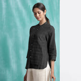 Black Mirror Work Handspun Cotton Mandarin Collar Top