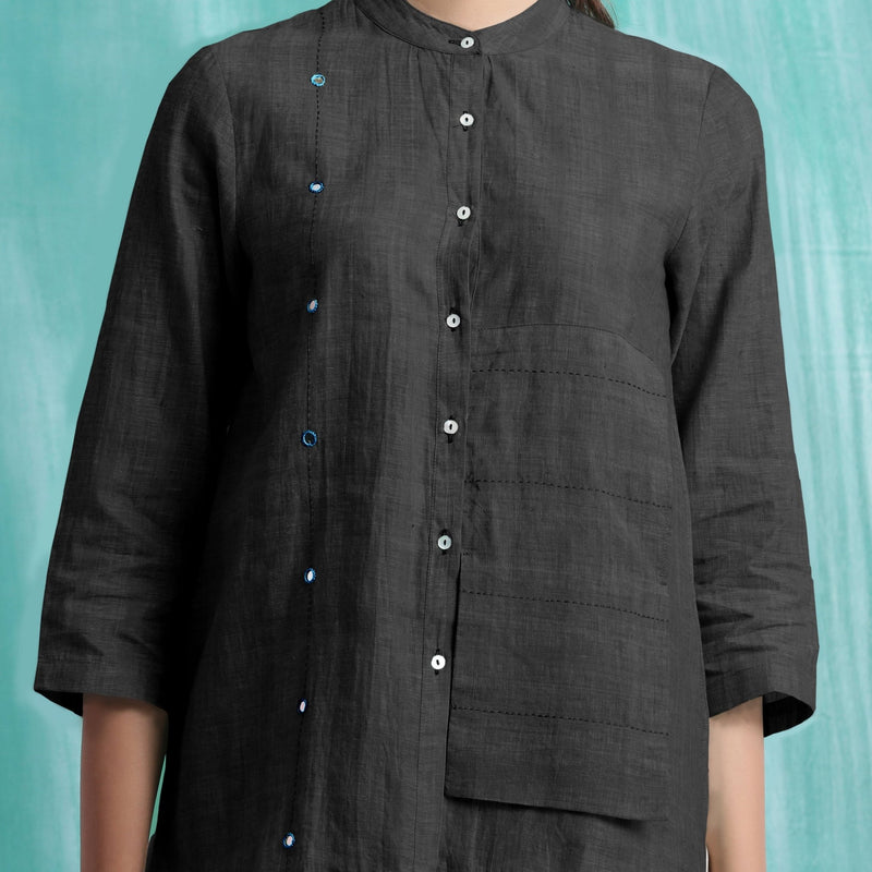 Black Mirror Work Handspun Cotton Mandarin Collar Top