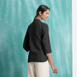 Black Mirror Work Handspun Cotton Mandarin Collar Top