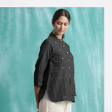 Black Mirror Work Handspun Cotton Mandarin Collar Top