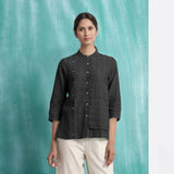 Black Mirror Work Handspun Cotton Mandarin Collar Top