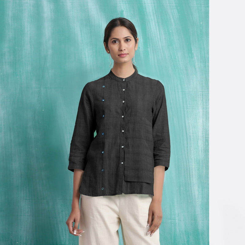 Black Mirror Work Handspun Cotton Mandarin Collar Top