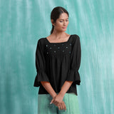 Black Mirror Work Handspun Cotton Poet Sleeves Yoked Top