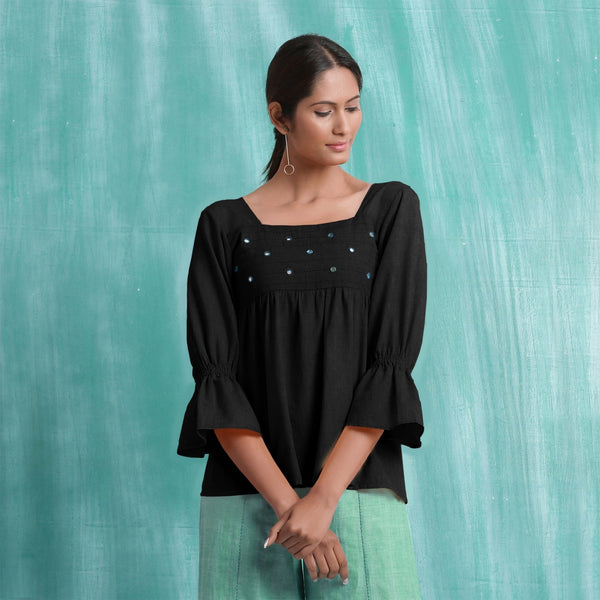Black Mirror Work Handspun Cotton Poet Sleeves Yoked Top