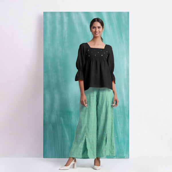 Black Mirror Work Handspun Cotton Poet Sleeves Yoked Top