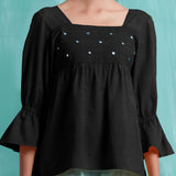 Black Mirror Work Handspun Cotton Poet Sleeves Yoked Top