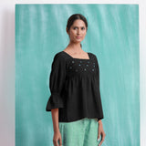Black Mirror Work Handspun Cotton Poet Sleeves Yoked Top