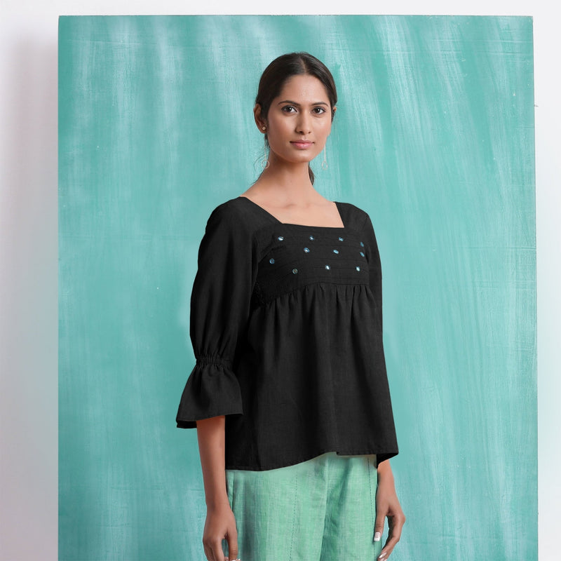 Black Mirror Work Handspun Cotton Poet Sleeves Yoked Top