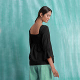 Black Mirror Work Handspun Cotton Poet Sleeves Yoked Top