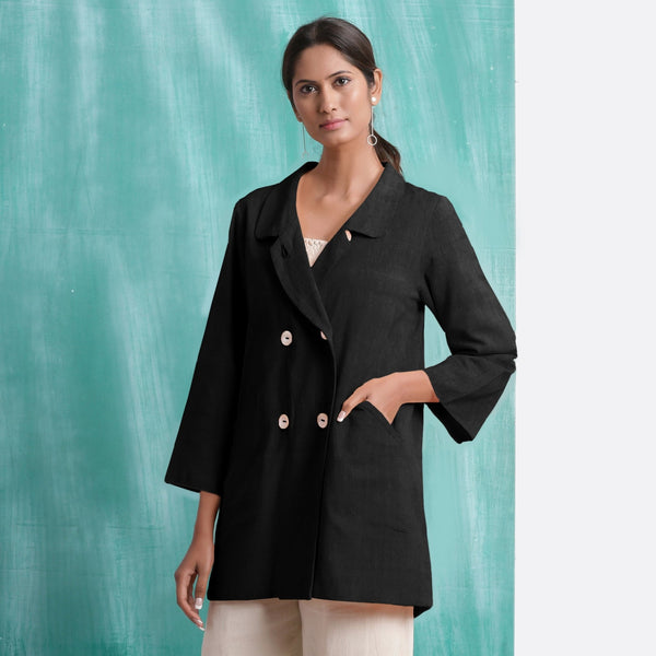 Black Mirror Work Handspun Cotton Welt Pocket Coat