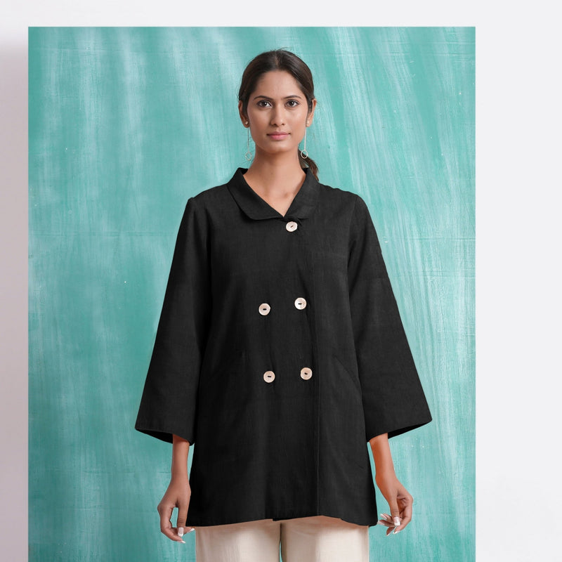 Black Mirror Work Handspun Cotton Welt Pocket Coat