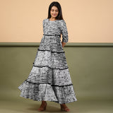 Black Shibori Tie-Dye Cotton Ankle Length Tier Bohemian Dress