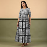 Black Shibori Tie-Dye Cotton Ankle Length Tier Bohemian Dress