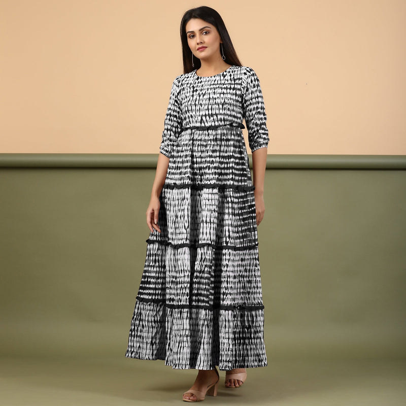 Black Shibori Tie-Dye Cotton Ankle Length Tier Bohemian Dress