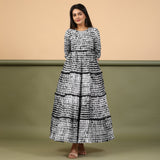 Black Shibori Tie-Dye Cotton Ankle Length Tier Bohemian Dress
