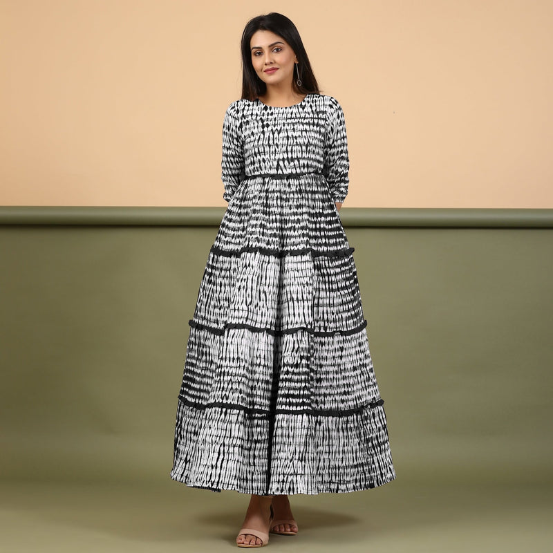 Black Shibori Tie-Dye Cotton Ankle Length Tier Bohemian Dress