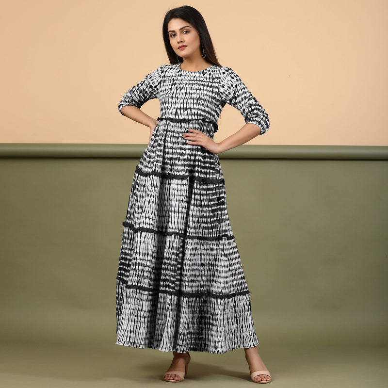 Black Shibori Tie-Dye Cotton Ankle Length Tier Bohemian Dress