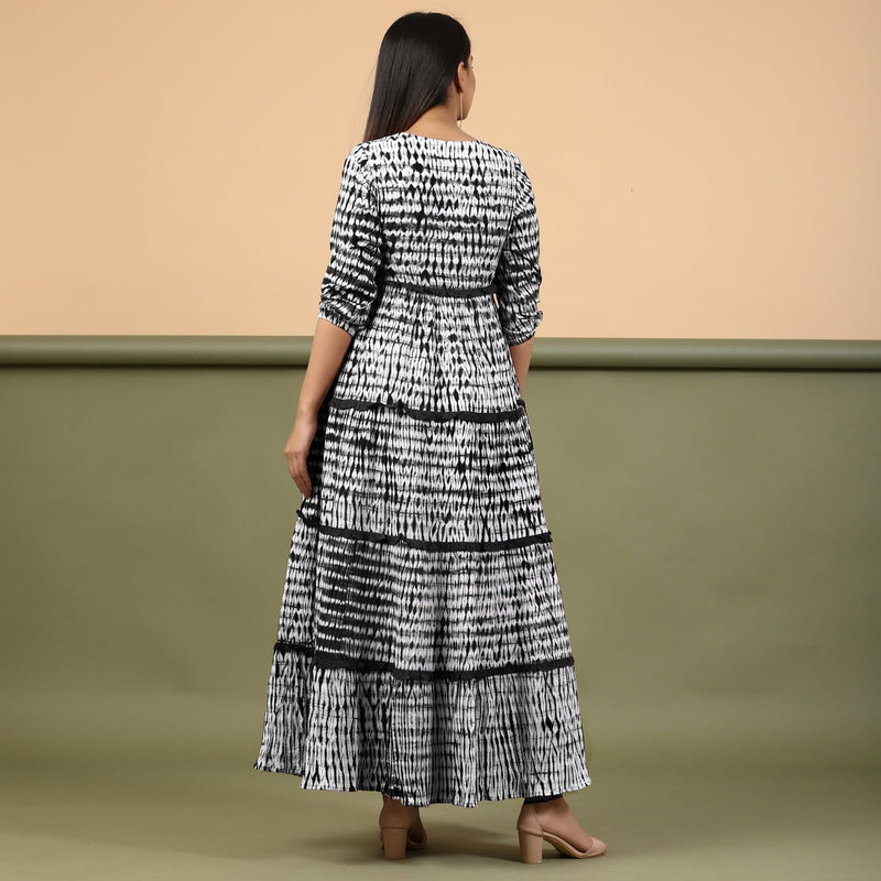 Black Shibori Tie-Dye Cotton Ankle Length Tier Bohemian Dress