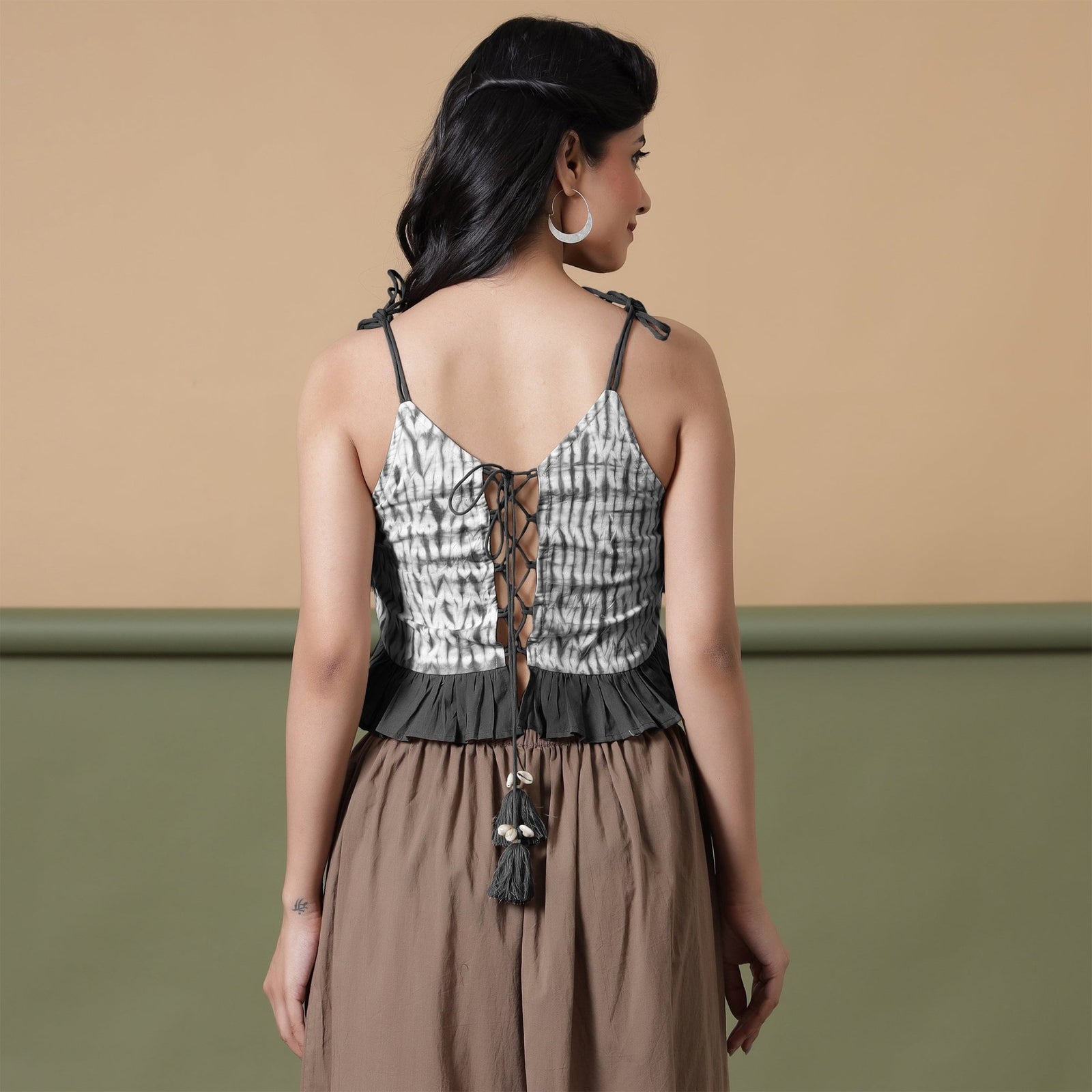 Buy Black Shibori Tie-Dye Cotton Frilled Camisole Top Online at