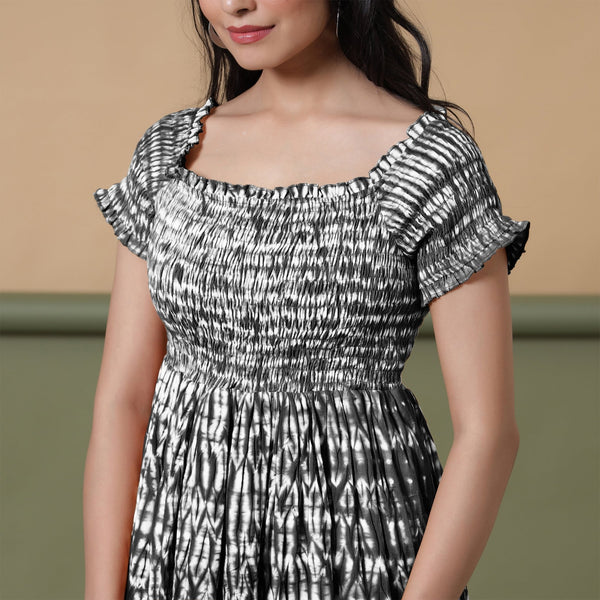 Black Shibori Tie-Dye Cotton Gathered Maxi Dress
