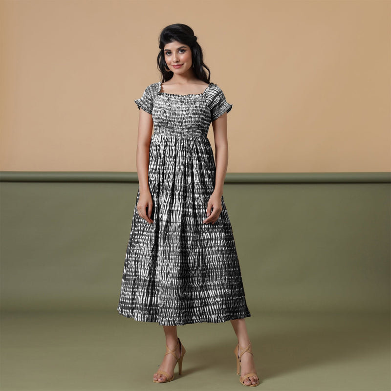 Black Shibori Tie-Dye Cotton Gathered Maxi Dress 58