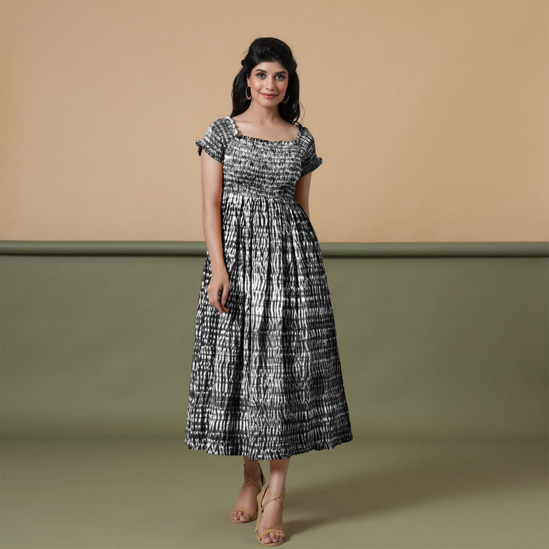 Black Shibori Tie-Dye Cotton Gathered Maxi Dress