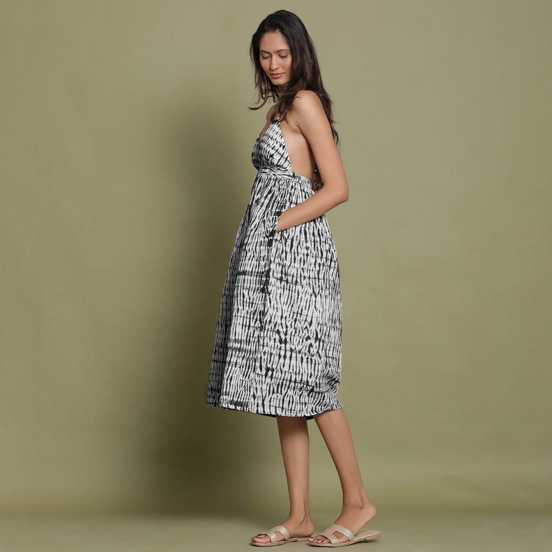 Black Shibori Tie-Dye Cotton Halter Neck Gathered Midi Dress