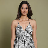 Black Shibori Tie-Dye Cotton Halter Neck Gathered Midi Dress