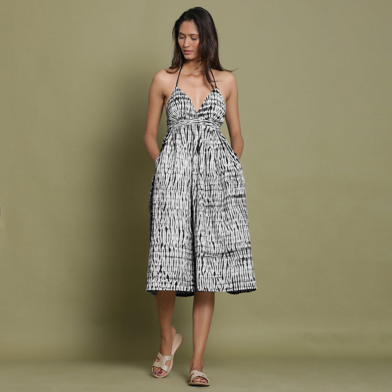 Black Shibori Tie-Dye Cotton Halter Neck Gathered Midi Dress Black Shibori Tie-Dye Cotton Halter Neck Gathered Midi Dress