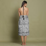 Black Shibori Tie-Dye Cotton Halter Neck Gathered Midi Dress